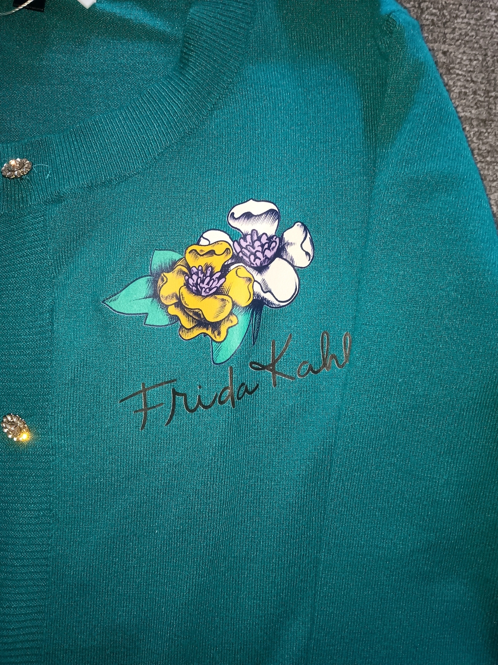 SHEIN Teal Green Cardigan with Floral Frida Kahlo Portrait - Picture 3 of 3